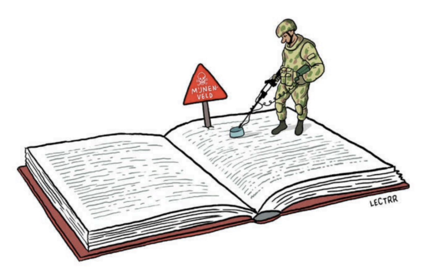 Illustration eines Soldaten, der mit einem Metalldetektor ein aufgeschlagenes Buch nach Minen durchsucht.